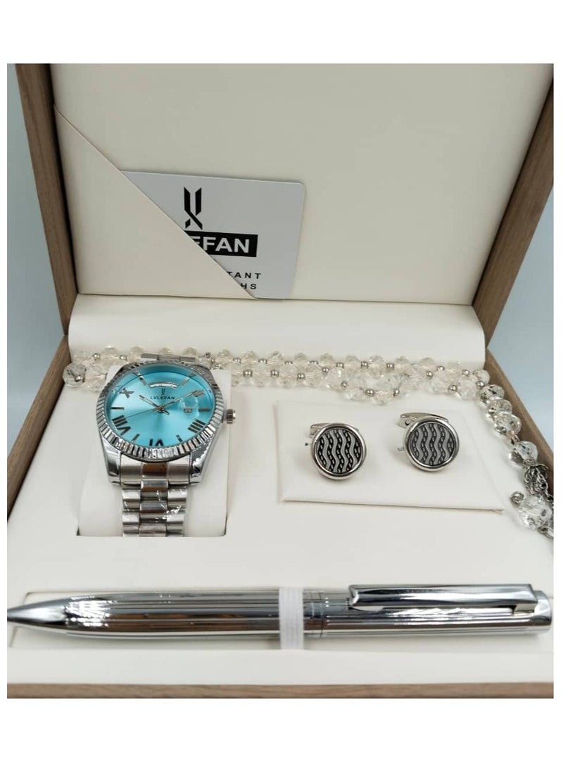 LV LEFAN High quality and elegant men's watch gift set, silver bracelet with a sky blue dial with date display