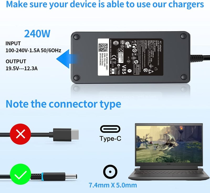 Wistar 240W AC Charger for Dell G15 G16 G7 G5/G5 SE G3 Series, Alienware 13 15 17 x15 x16 x17 m15 m17 Laptop, Precision 7510 7520 7710 7720 7730 3541 3550 355 Laptop Power Adapter - Image 2