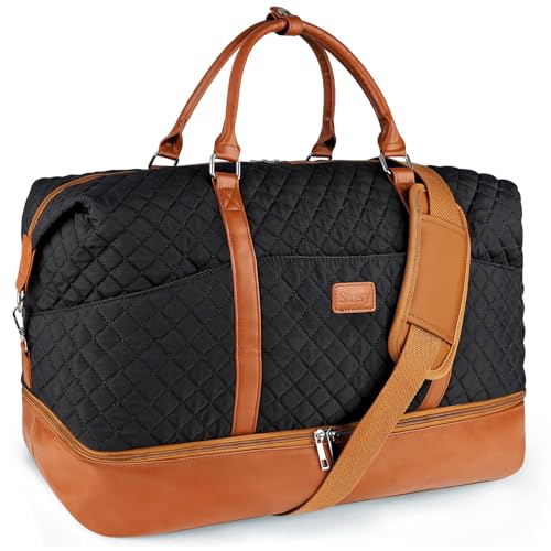 Stuery Travel Bags for Women 21 Large Weekender Bags for Women with Shoe Compartment Overnight Duffel Tote for Carry on Weekend Travel Business Trip Airplane Traveling Gym Black Brown - Image 1