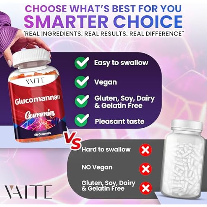 VAITE جلوكو مانان جومي 2000 ملغ - مستخلص جذر أمورفوفالوس كونجاك - دعم الألياف اليومية النباتية - مكمل ألياف قابلة للذوبان نباتي - خالي من الغلوتين، خالي من الصويا - 60 جومي - سهل المضغ - Image 5