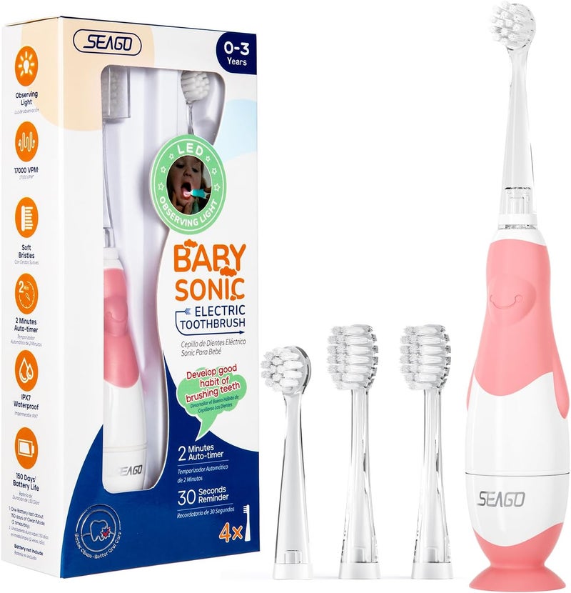 Seago Toddler Electric Toothbrushes for Baby Ages 0-3 Years, Baby Toothbrush with Smart Timer and Suction Base, 4 Replacement Brush Heads SG-513 - Image 1