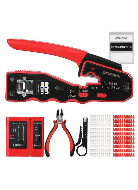 RJ45 Crimp Tool Kit All in One Pass Through Crimping Tool for Cat5e Cat6 Cat6a Pass Through Connector with 100Pcs Connectors 100Pcs Covers Network Cable Pliers Tester Blades
