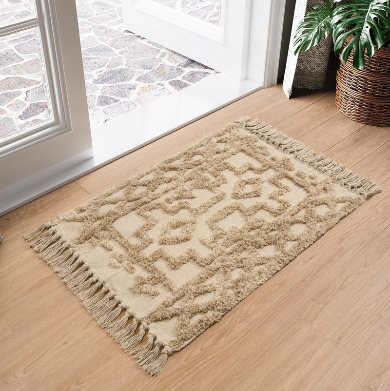 Uphome Boho Bathroom Rug 2 x 3 Small Farmhouse Kitchen Rugs with Tassels Khaki Washable Front Door Mat Cotton Woven Moroccan Tufted Throw Rug for Bedroom Entryway Laundry Living Room