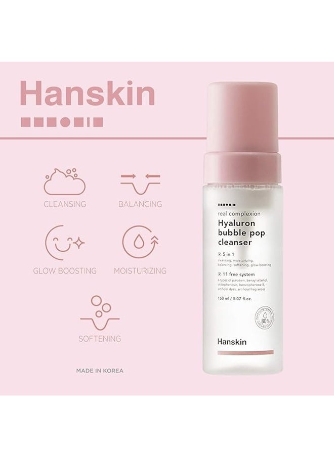 Hanskin Hyaluron Bubble Pop Cleanser, 5-In-1 Cleansing & Moisturizing, Glow Boosting Formula, 150Ml