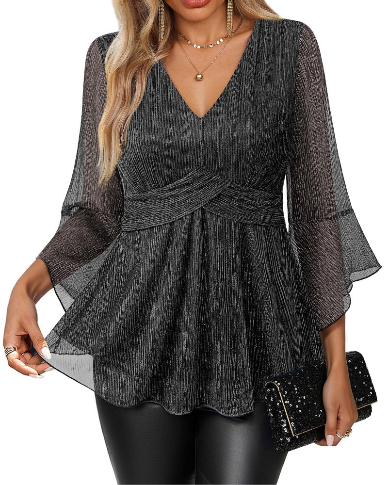 VALOLIA Womens Dressy Blouses: Sparkly 3/4 Sleeve Plus Size Shiny Glitter Party Shirts - Elegant Tops For Women - Holiday Tops For Women 2025 Hide Belly Sequin Blouse To Wear For Formal Night Cruise - Image 1