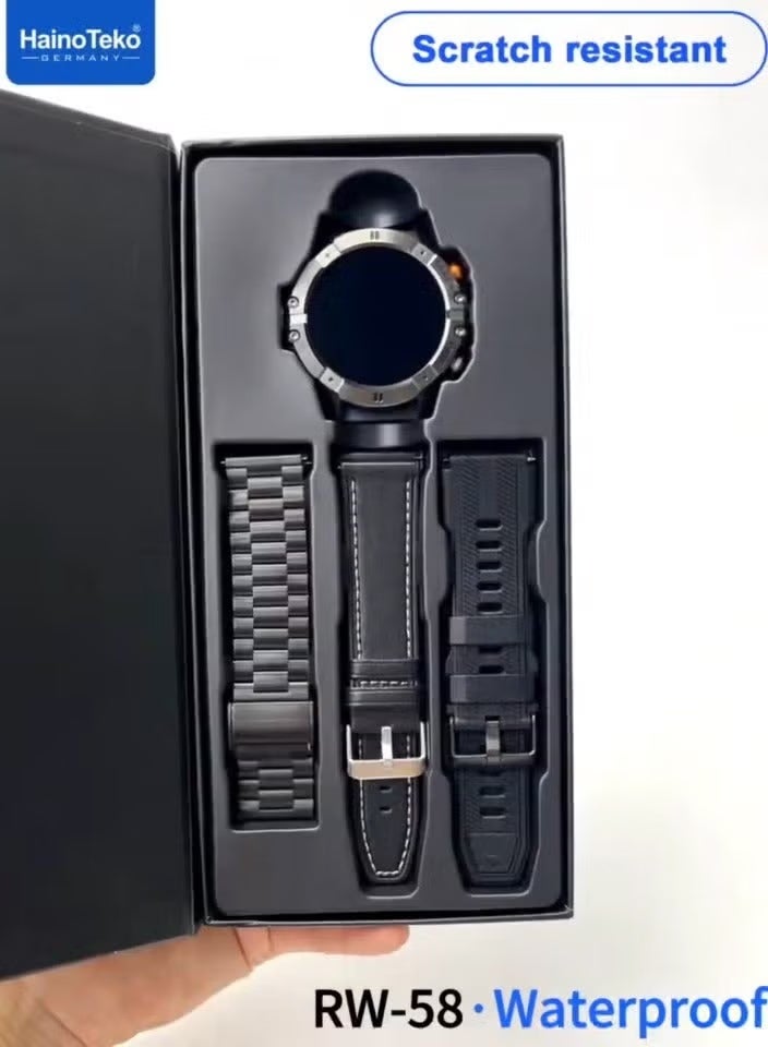 هينو تيكو ساعة هاينو تيكو RW-58 الذكية المقاومة للماء مع شاشة AMOLED كبيرة و3 أحزمة قابلة للتبديل وكابل شحن مصممة للرجال باللون الأسود - Image 5