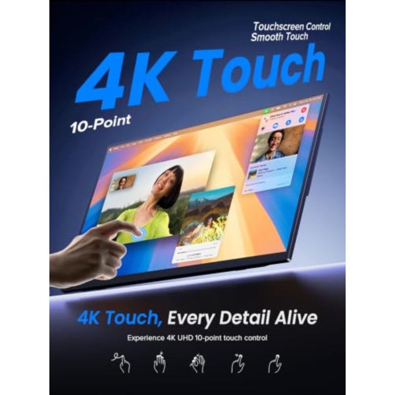 شاشة لمس محمولة 4K، شاشة كمبيوتر محمول 15.6 بوصة 125% sRGB، 3840 * 2160 UHD، شاشة نحيفة للغاية 450 شمعة في المتر المربع، USB-C وMINI HDM، VESA وحامل، شاشة سفر للكمبيوتر والكمبيوتر الشخصي وأجهزة الألعاب - Image 3