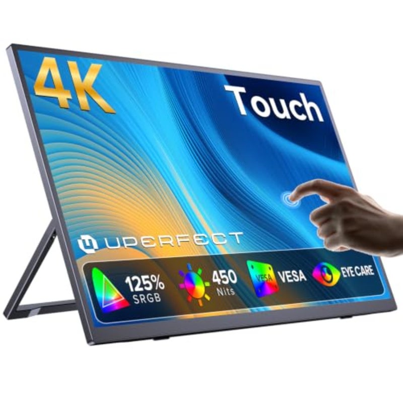 شاشة لمس محمولة 4K، شاشة كمبيوتر محمول 15.6 بوصة 125% sRGB، 3840 * 2160 UHD، شاشة نحيفة للغاية 450 شمعة في المتر المربع، USB-C وMINI HDM، VESA وحامل، شاشة سفر للكمبيوتر والكمبيوتر الشخصي وأجهزة الألعاب - Image 1