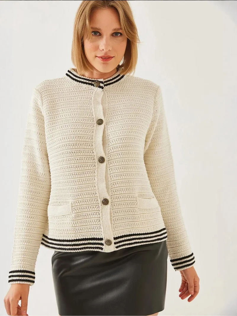 Bianco Lucci Multicolor LUCCI Textured Knitwear Cardigan with Button Closure and Pockets for Women | Best Price UAE