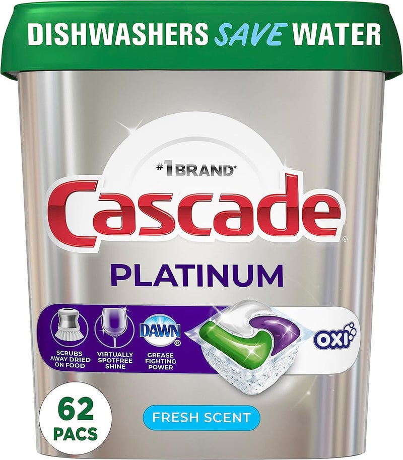 Cascade Platinum Dishwasher Soap Pods, Actionpacs + Oxi with Dishwasher Cleaner and Deodorizer Action, Fresh, 62 Count of Dish Detergent Pods - Image 1
