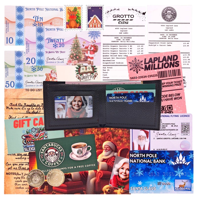 Santas Lost Wallet Evidence Kit Including an Actual Wallet Magical Christmas Eve Set with Bank Card Sleigh Flying License North Pole Money Loyalty Cards Receipts Many More Fun Surprises