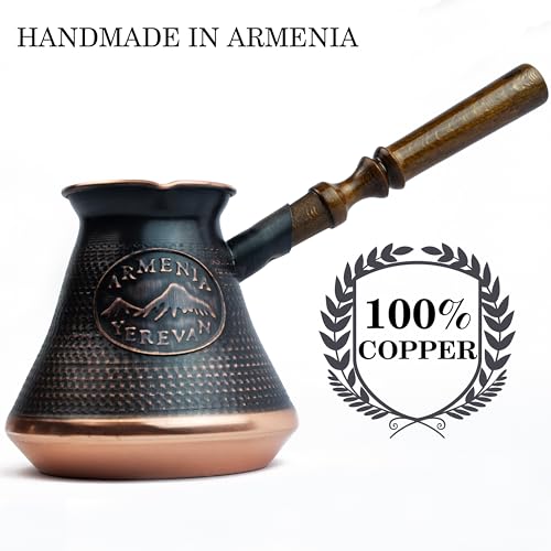 HandCraftoria Handmade Armenian Coffee Pot Maker 15 Fl Oz - Copper Jazva Ararat Turkish Arabic Greek Cezve Jezve Ibrik Turka Jazve Wooden Handle (5 cup (15 US fl.oz)) Brown - Image 2