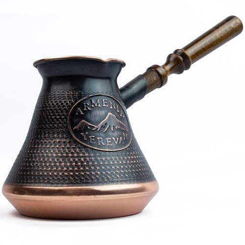 HandCraftoria Handmade Armenian Coffee Pot Maker 15 Fl Oz - Copper Jazva Ararat Turkish Arabic Greek Cezve Jezve Ibrik Turka Jazve Wooden Handle (5 cup (15 US fl.oz)) Brown - Image 1