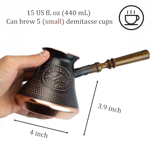 HandCraftoria Handmade Armenian Coffee Pot Maker 15 Fl Oz - Copper Jazva Ararat Turkish Arabic Greek Cezve Jezve Ibrik Turka Jazve Wooden Handle (5 cup (15 US fl.oz)) Brown - Image 3