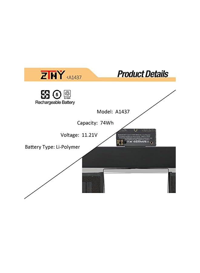 ZTHY A1437 Laptop Battery Replacement For Macbook Pro Retina 13" 13.3" A1425 (Late 2012 Early 2013) Core I5 2.6 3.0 Emc 2672 2557 Md212Ll/A Md212J/A Md213Ll/A Md213J/A Me662Ll/A 11.21V 74Wh - Image 2