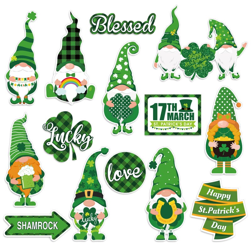 Whaline St Patricks Day CutOuts Lucky Gnome Shamrocks Bulletin Board Decoration Assorted Cute Irish Clover Gnome Paper Cutouts with Glue Points for School Classroom Home Party Door 42Pcs