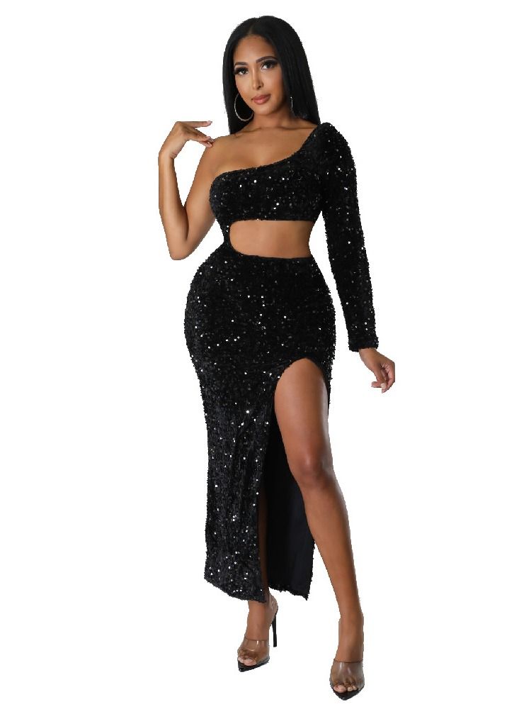 Loquat Fashion New Bag Hip Skew Neck Hollowed Out Sequin High Slit Long-sleeved Dress