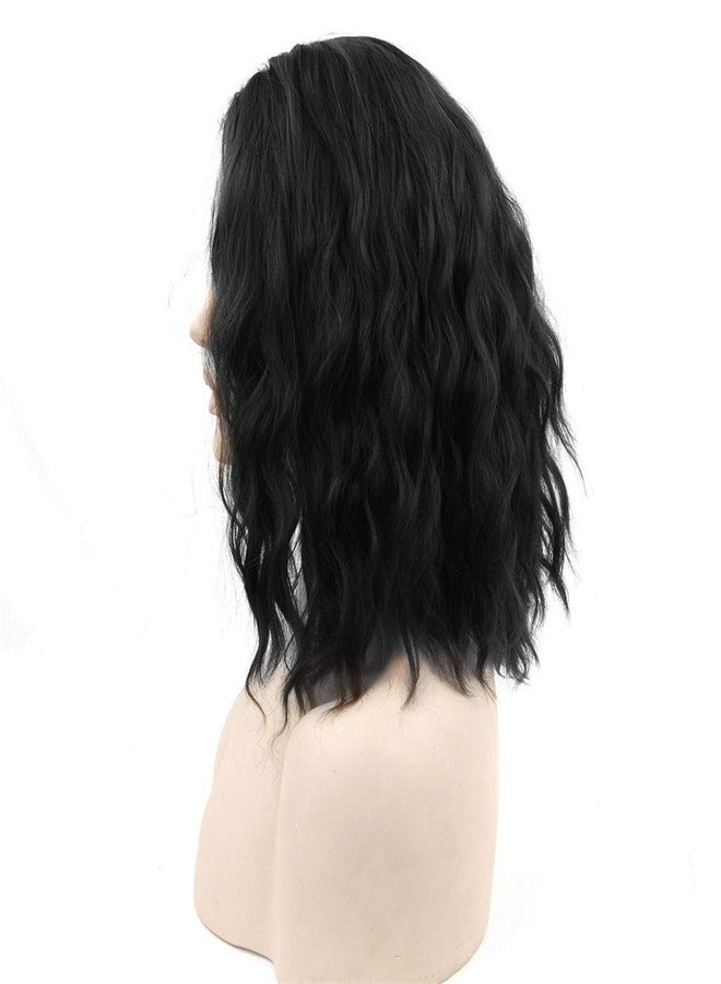 Flonding 15" Short Wavy Bob Wig Curly Shoulder Length Middle Part Fluffy Hair Spiral Wigs for Women Girl Halloween Cosplay Daily Costume Use (Black) - Image 2