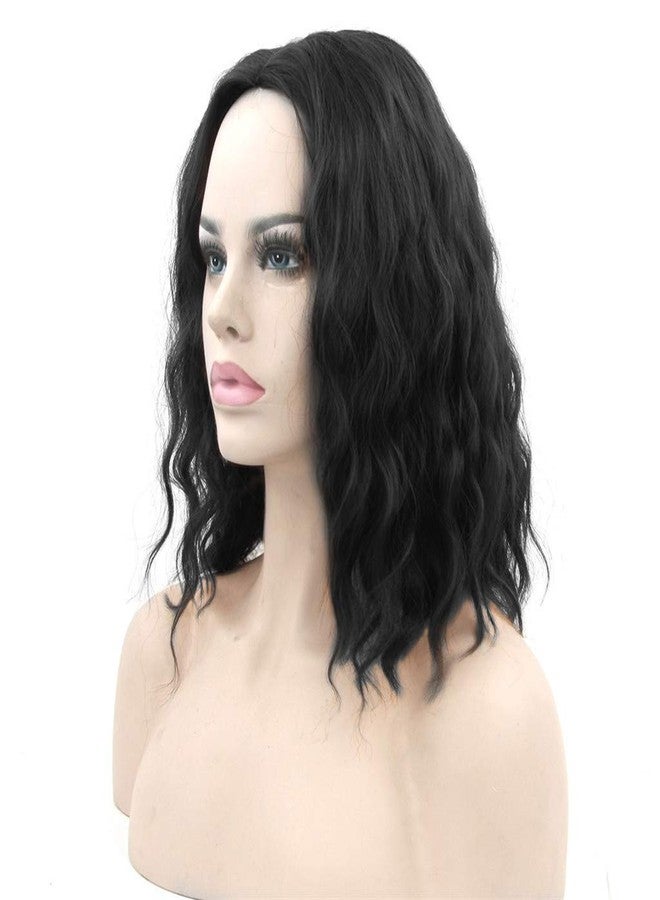 Flonding 15" Short Wavy Bob Wig Curly Shoulder Length Middle Part Fluffy Hair Spiral Wigs for Women Girl Halloween Cosplay Daily Costume Use (Black) - Image 1