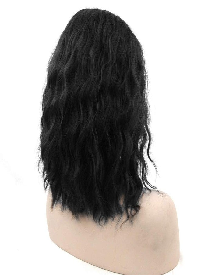 Flonding 15" Short Wavy Bob Wig Curly Shoulder Length Middle Part Fluffy Hair Spiral Wigs for Women Girl Halloween Cosplay Daily Costume Use (Black) - Image 3