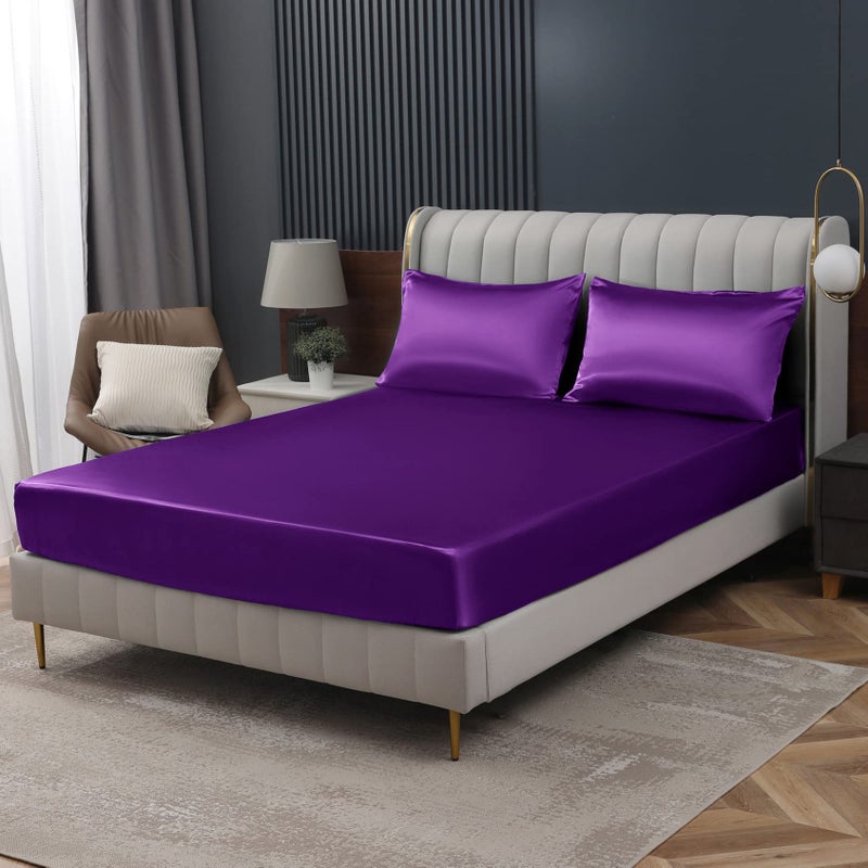 Homiest Purple Satin Fitted Sheet King Size Fitted Bed Sheet  Deep Pocket Fitted Sheet Only  Luxury & Ultra Soft Bedding Fitted Sheet Single Bottom Bed Sheets Sold Separately - Image 1