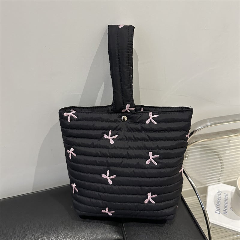 Fashion Small Fresh Casual Bow Embroidered Handbag Style Cute Portable Bucket Bag - Image 3