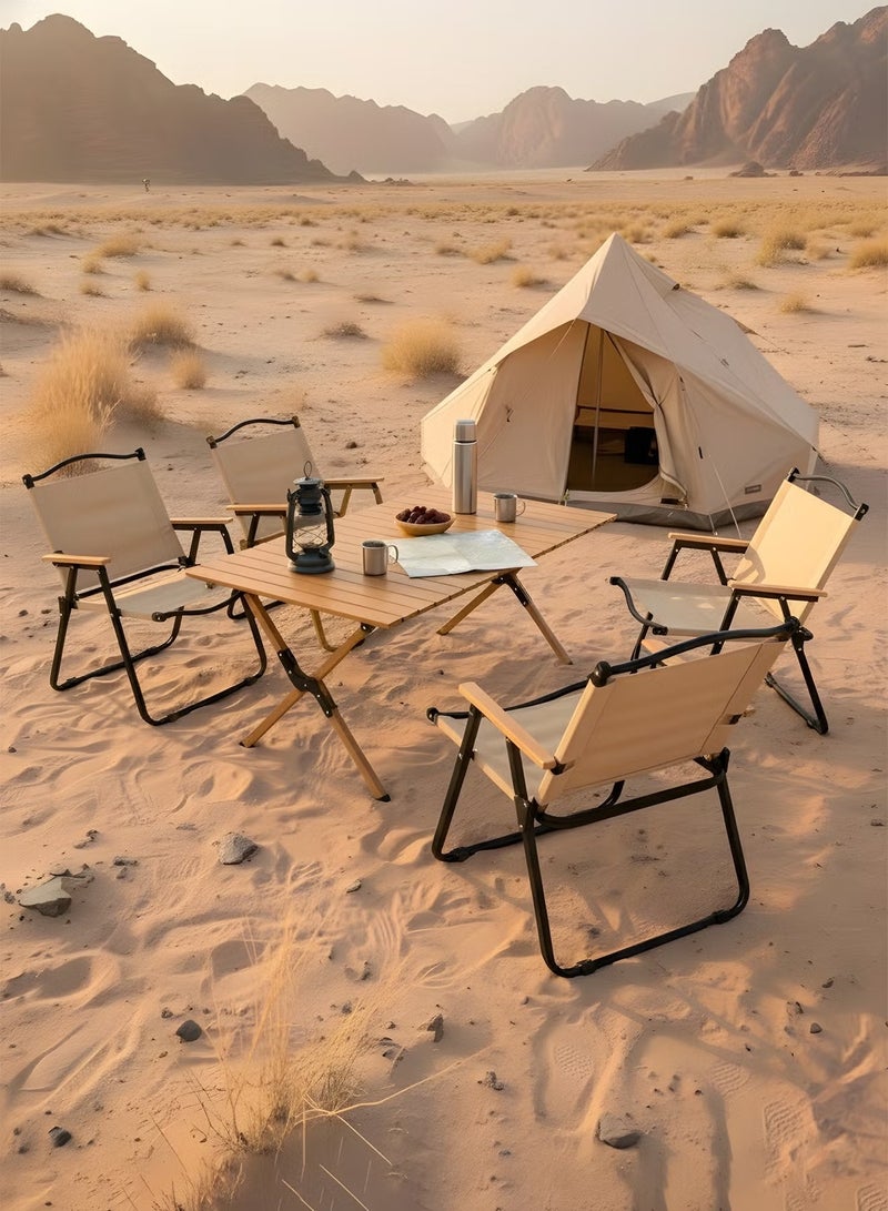 Taimi 5-Piece Camping Set | Portable Camping Table with 4 Chairs, Folding Table with Carrying Bag 90x60x45cm and 4 Folding Chairs with Black Metal Frame & Armrests - Beige - Image 1
