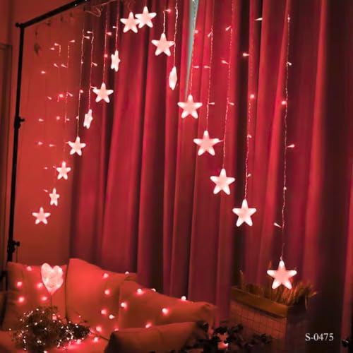 KHIZAR 16 Star LED Curtain Light Red | Decorative Curtain Lights for Bedroom & Home Decor | Ramadan Eid, Valentine, Mother’s Day & Festival Lighting ( RED Color) - Image 1