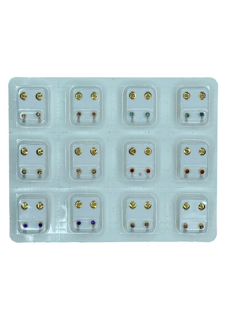 Influence Germany Golden & Silver Stud Earrings – 12 Pairs Multipack with Multi-Colored Sparkle Stones - Image 1
