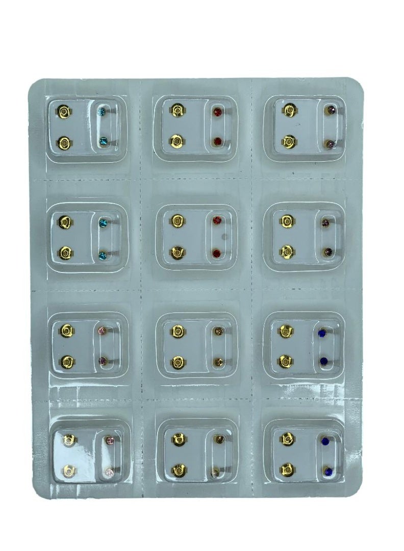 Influence Germany Golden & Silver Stud Earrings – 12 Pairs Multipack with Multi-Colored Sparkle Stones - Image 2