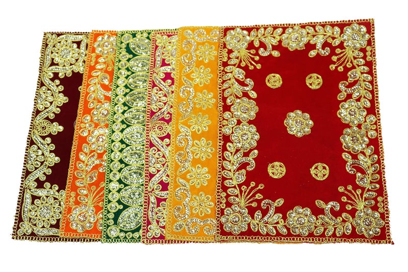 Reliable Multicolour Puja Assan Velvet Puja Cloth/Puja Aasan/Puja Chowki Assan Fancy Velvet Puja Altar Cloth for Pooja Home Mandir, Temple and Pooja Ghar Size - 10 * 13 Inch (Pack of 6) - Image 1
