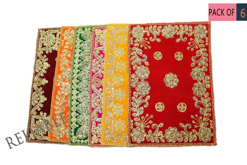 Reliable Multicolour Puja Assan Velvet Puja Cloth/Puja Aasan/Puja Chowki Assan Fancy Velvet Puja Altar Cloth for Pooja Home Mandir, Temple and Pooja Ghar Size - 10 * 13 Inch (Pack of 6) - Image 2