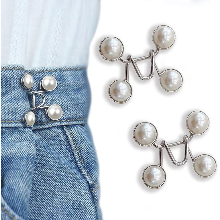 KRUPAVI Adjustable Jean Button2 Pcs Jean Button PinsAdjustable Waist Buckle Extender for JeansWaist Tightener Instant Clips for Loose Jeans SkirtsWhite Pearl - Image 1