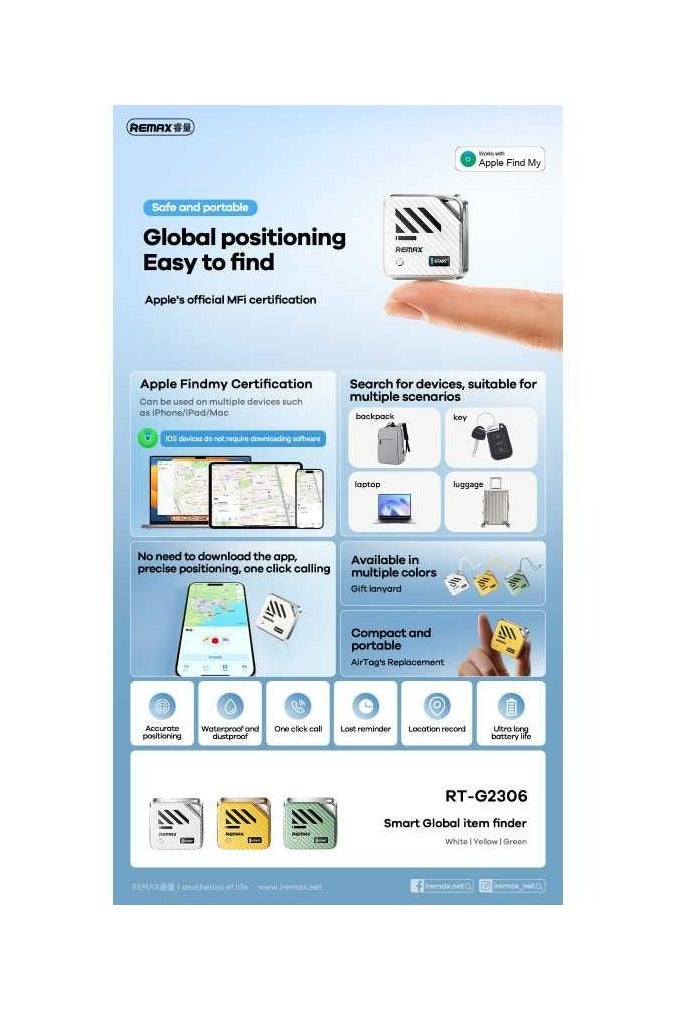 REMAX RT-G2306 Object Locator – Compatible with Apple Find My, Waterproof Tracker, Anti-Loss Bluetooth Finder for Keys, Bags, Wallet – White - Image 5