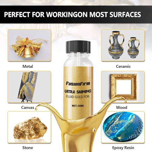 FusionFirm Liquid Gold Leaf Paint Kit - Alcohol-Based Quick Dry Ultra Shiny Metallic Gilding Paint for Crafts, Resin Art, DIY Decor | High Gloss Finish with Varnish | 2 x 30ml Bottles - Image 5
