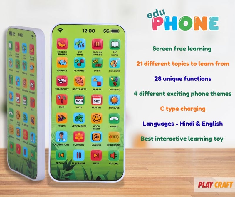 Eksploe Play Craft EduPhone Educational Type-C Rechargeable Musical Toy 28 Functions Recording, Alphabet, Numbers, Varnmala, Animal Sounds, Nursery Rhymes in English & Hindi (Green) - Image 2