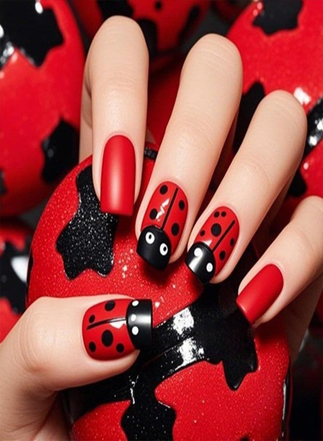 HJKDSFD Red Press on Nails Medium Square Fake Nails with Black Polka Dot Ladybug Designs False Nails Full Cover Acrylic Nails Reusable Stick on Nails Glue on Nails for Women Girls 24Pcs - Image 1