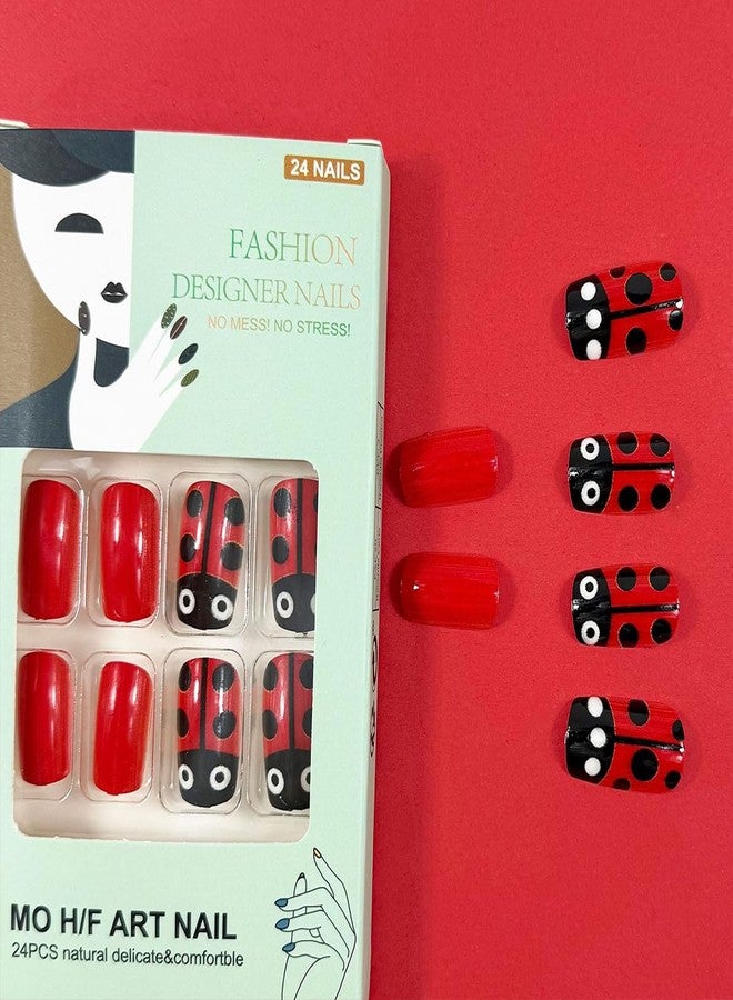 HJKDSFD Red Press on Nails Medium Square Fake Nails with Black Polka Dot Ladybug Designs False Nails Full Cover Acrylic Nails Reusable Stick on Nails Glue on Nails for Women Girls 24Pcs - Image 3