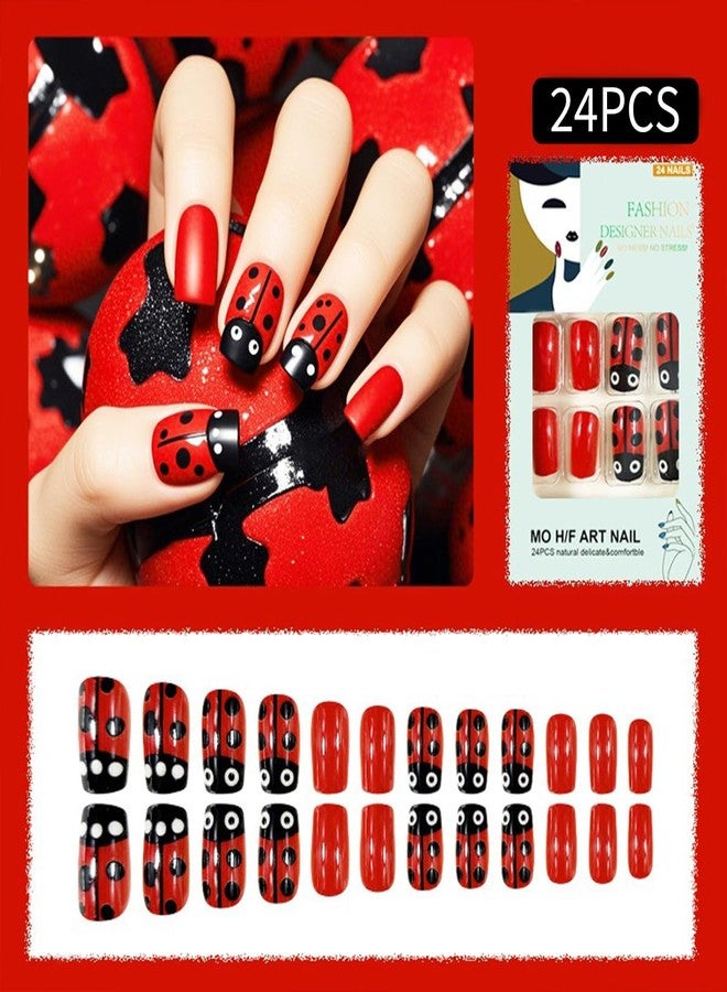 HJKDSFD Red Press on Nails Medium Square Fake Nails with Black Polka Dot Ladybug Designs False Nails Full Cover Acrylic Nails Reusable Stick on Nails Glue on Nails for Women Girls 24Pcs - Image 2