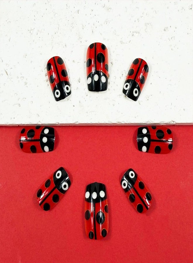 HJKDSFD Red Press on Nails Medium Square Fake Nails with Black Polka Dot Ladybug Designs False Nails Full Cover Acrylic Nails Reusable Stick on Nails Glue on Nails for Women Girls 24Pcs - Image 4