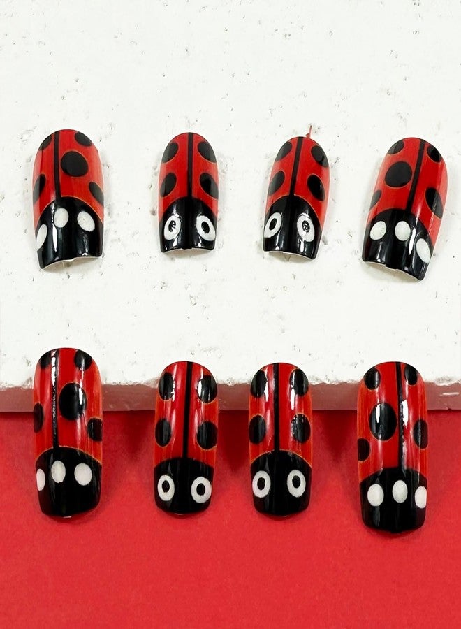 HJKDSFD Red Press on Nails Medium Square Fake Nails with Black Polka Dot Ladybug Designs False Nails Full Cover Acrylic Nails Reusable Stick on Nails Glue on Nails for Women Girls 24Pcs - Image 5