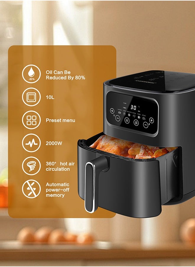 KENWORTH - Air Fryers 10L Large Size , 6 Presets, One-touch Panel, 360° Turbo Airflow Tech, Nonstick Air Fryer Basket,dishwasher-safe, Elegant Black Design - Image 1