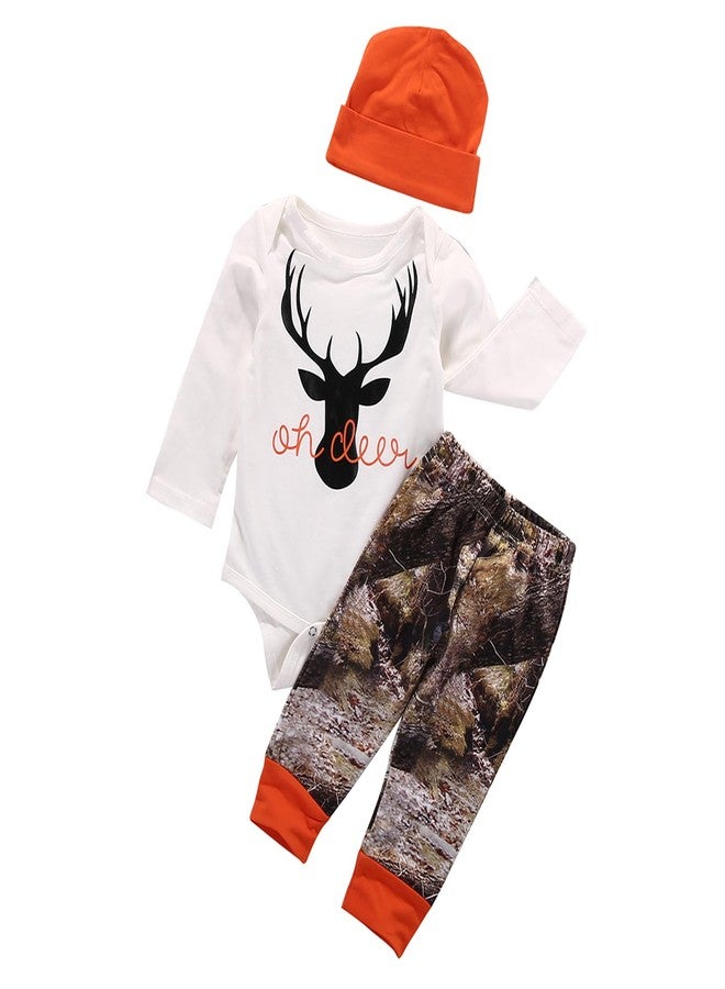 Gureui Newborn Baby Boy Clothes Long Sleeve Romper Onesie Camo Pants with Hat Infant Outfit (C Orange Deer, 0-3 Months) - Image 1
