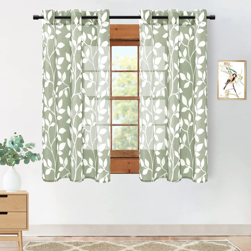 XTMYI Green Sheer Curtains 63 Inch Length for Living Room 2 Panels Set Sage Green Room Decor Boho Floral Print Aesthetic Curtains for Bedroom 63 Inches Long