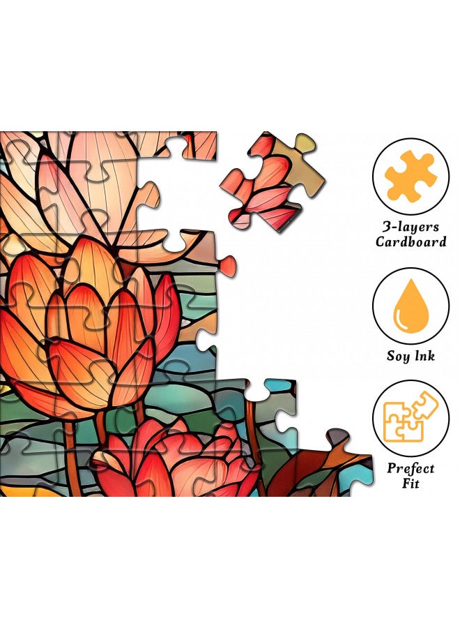 PICKFORU Stained Glass Flower Puzzles for Adults 1000 Pieces, Vintage Art Puzzles Floral, Impossible Hard Challenging Puzzles for Adults, Colorful Stained Glass Jigsaw Puzzle - Image 2