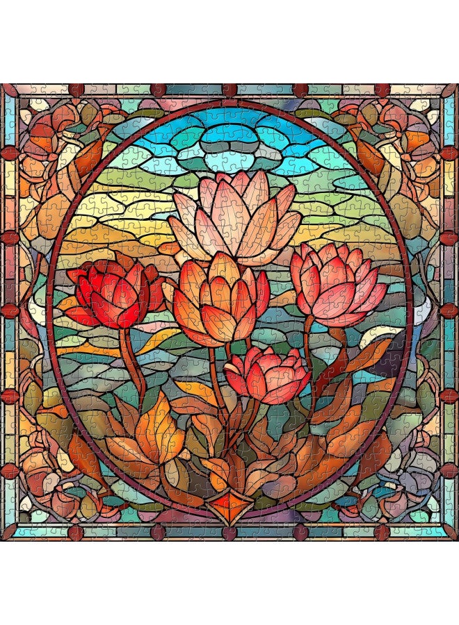 PICKFORU Stained Glass Flower Puzzles for Adults 1000 Pieces, Vintage Art Puzzles Floral, Impossible Hard Challenging Puzzles for Adults, Colorful Stained Glass Jigsaw Puzzle - Image 1