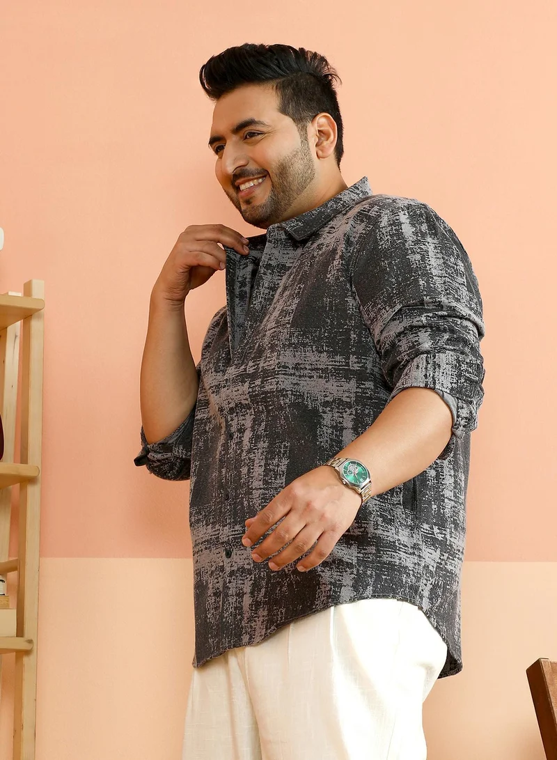 Instafab Plus  Instafab Plus Men's Moon Grey & Onyx Black Misty-Woven Shirt For Casual Wear | Spread Collar | Long Cuffed Sleeves | Button Closure | Plus Size Shirt Crafted With Comfort Fit For Everyday Wear for Men | Best Price UAE