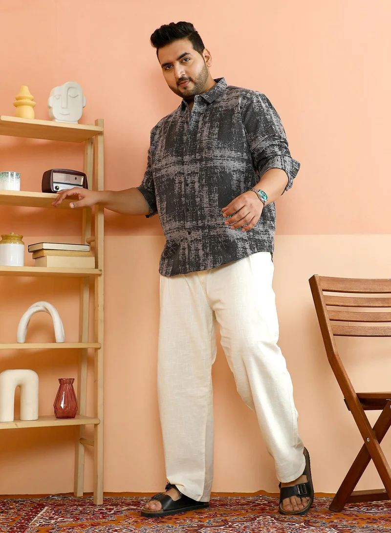 Instafab Plus  Instafab Plus Men's Moon Grey & Onyx Black Misty-Woven Shirt For Casual Wear | Spread Collar | Long Cuffed Sleeves | Button Closure | Plus Size Shirt Crafted With Comfort Fit For Everyday Wear for Men | Best Price UAE