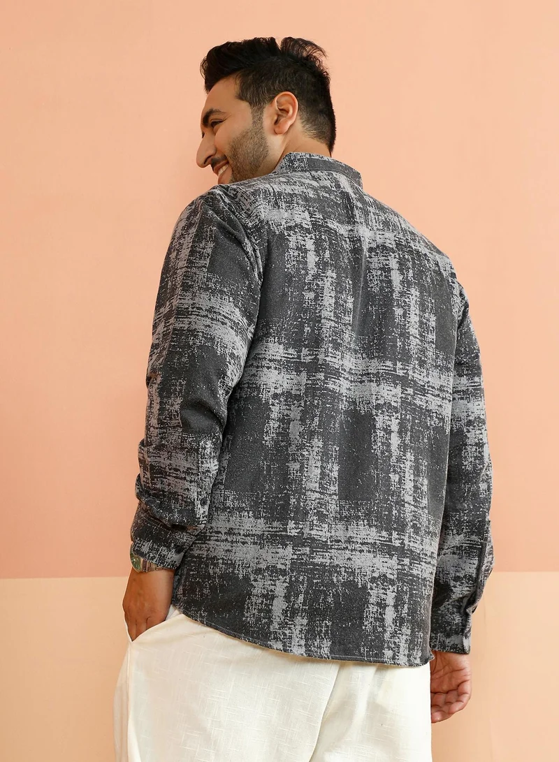 Instafab Plus  Instafab Plus Men's Moon Grey & Onyx Black Misty-Woven Shirt For Casual Wear | Spread Collar | Long Cuffed Sleeves | Button Closure | Plus Size Shirt Crafted With Comfort Fit For Everyday Wear for Men | Best Price UAE