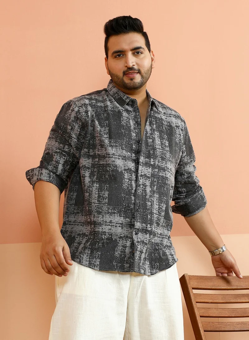 Instafab Plus Instafab Plus Men's Moon Grey & Onyx Black Misty-Woven Shirt For Casual Wear | Spread Collar | Long Cuffed Sleeves | Button Closure | Plus Size Shirt Crafted With Comfort Fit For Everyday Wear